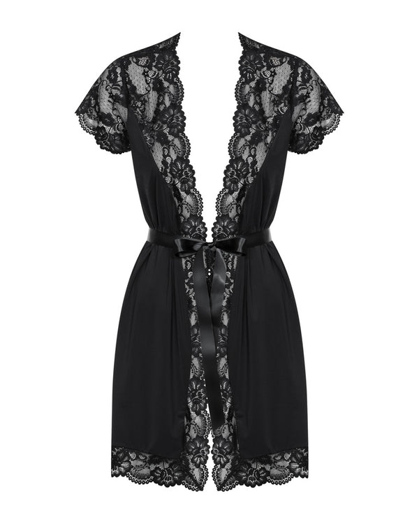 Obsessive satijnen peignoir met broek - Zwart - Obsessive - SKU: 27605331111
