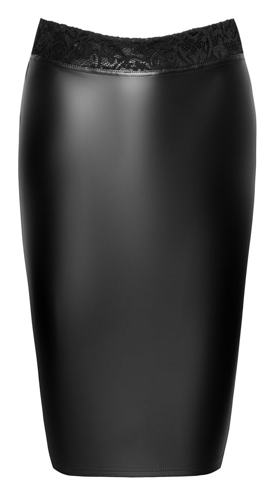 Noir Rok kokerlengte met kant en powerwetlook - Zwart