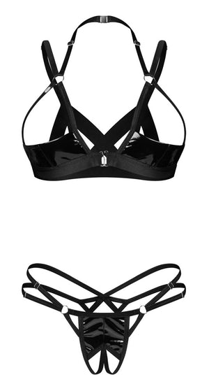 Obsessive Open cup set met kruisloze string - Zwart