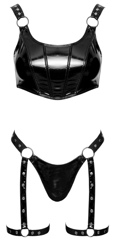 Black Level Jarretel set vinyl met crop top - Zwart