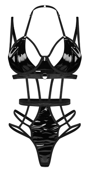 Obsessive Body met jarretels en vinyl - Zwart