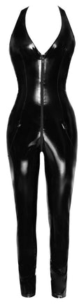 Black Level Jumpsuit glanzend vinyl met halternek - Zwart