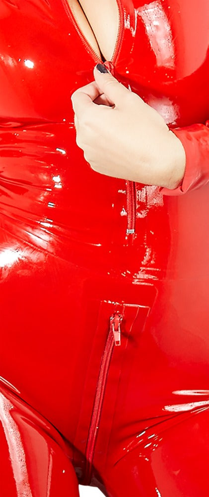 Late X latex catsuit met lange rits - Rood - Late X - SKU: 29000683011