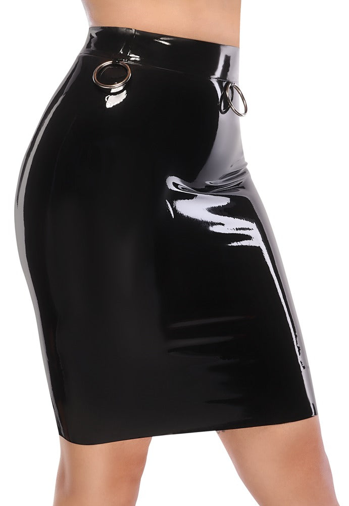 Late X Latex rok met metalen ringen - Zwart