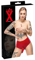 Late X latex slip met externe dildo - Rood