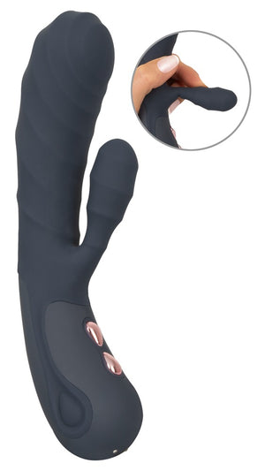 Vibrator met gegroefde schacht en clitorisstimulator - Blauw