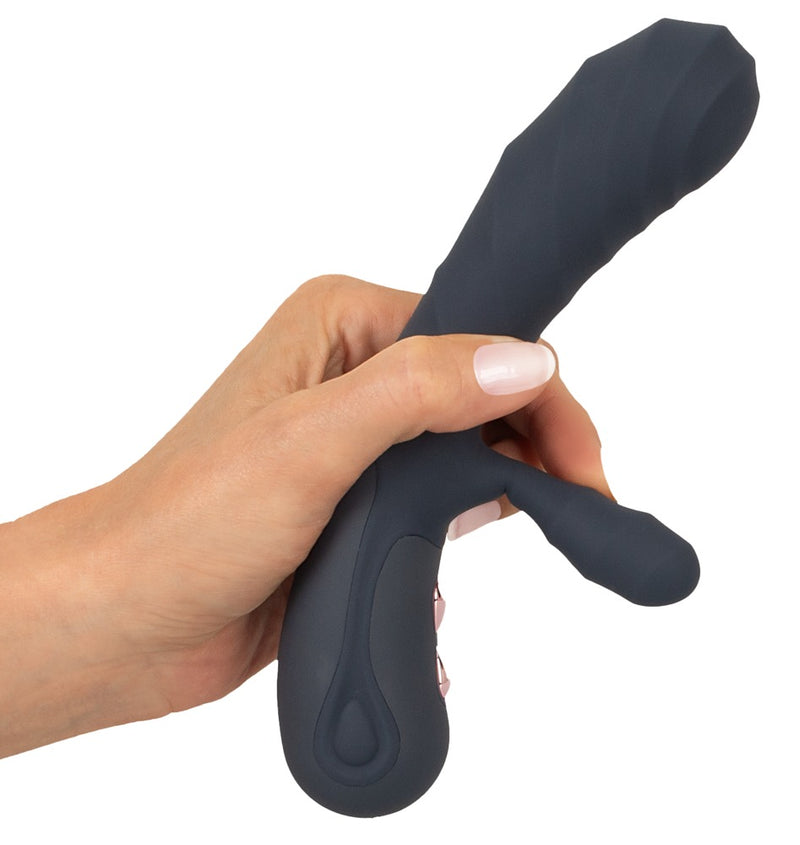 Vibrator met gegroefde schacht en clitorisstimulator - Blauw
