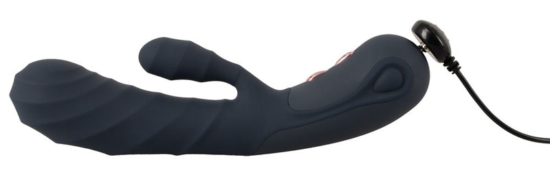 Vibrator met gegroefde schacht en clitorisstimulator - Blauw