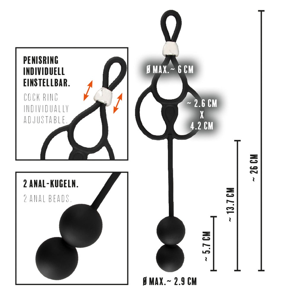 Drievoudige bal/cock ring met anale kralen