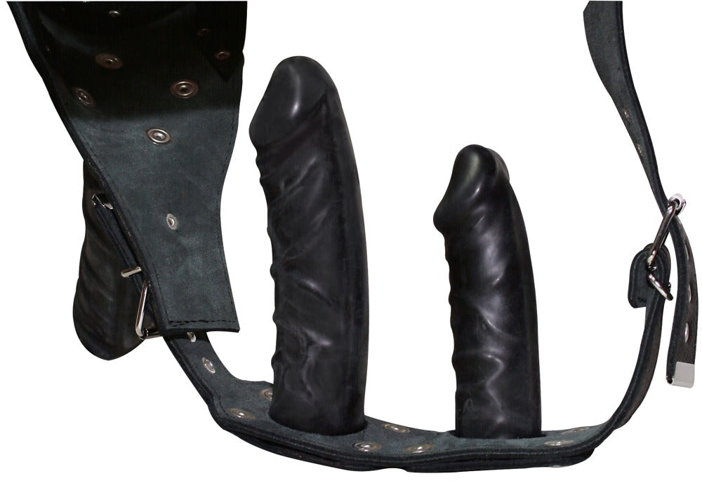 Leren String met 3 Dildo's - String,Splitleathercow,chroom-vet gelooid,polyurethaancoatingDildo's,Latex - IntimateRed