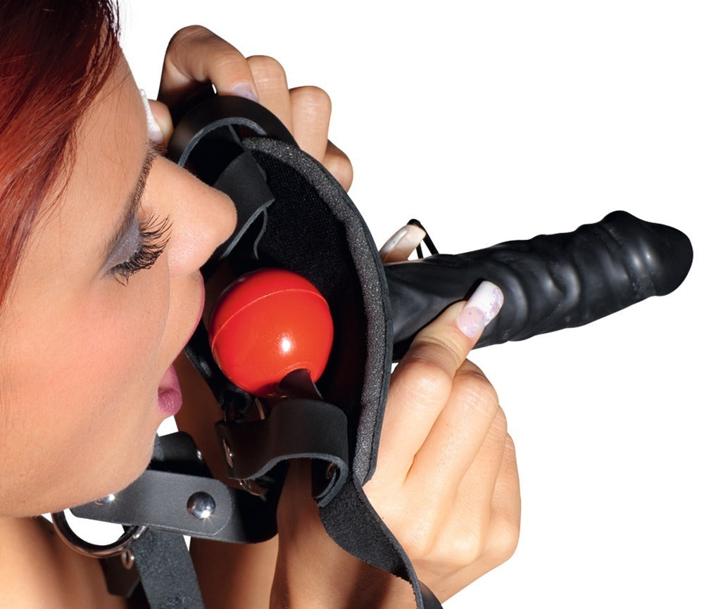 Leren hoofdharnas met dildo - Hoofdband,Splitleathercow,chroomvrij gelooid,polyurethaancoating,metalgag,TPE,Dildo,Latex - IntimateRed