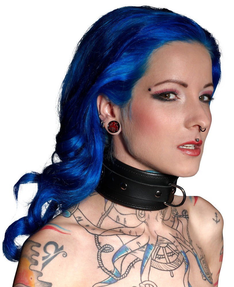 Leren halsband - Beugel, Splitleer, metaal verchroomd - IntimateRed